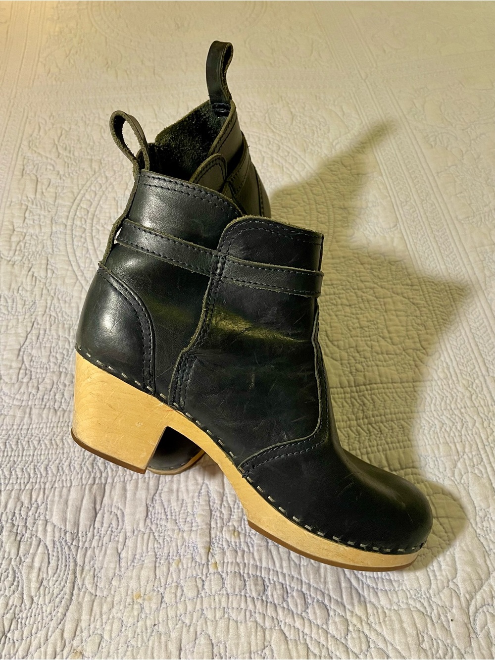 Hasbeens Navy Leather Clog Ankle Boots with Wooden Heel - Picture 3 of 5